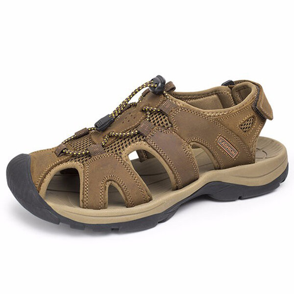 

Large Size Men Leather Toe Protecting Adjustable Buckle Hook Loop Outdoor Sandals, Brown army green khaki