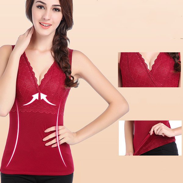 

Sexy Lace-trim V Neck Breathable Vest Thicken Keep Warm Shapewear For Women, Black wine red