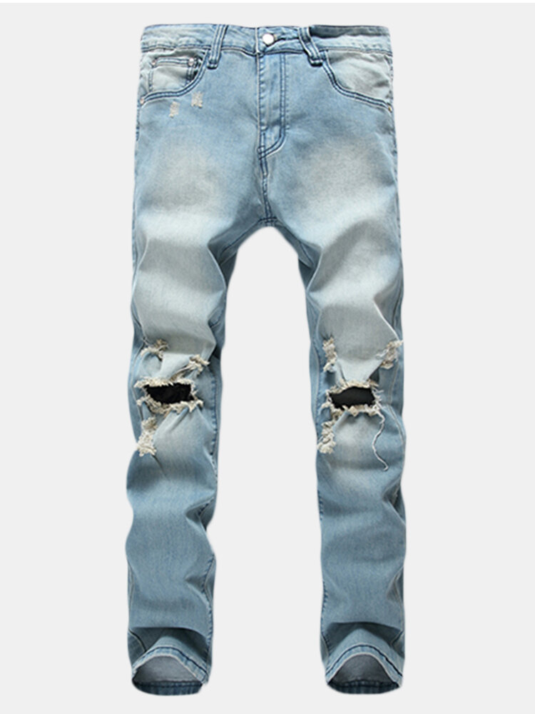 

Vintage Fashion Light Blue Worn Hole Printed Stone Washed Denim Ripped Jeans for Men