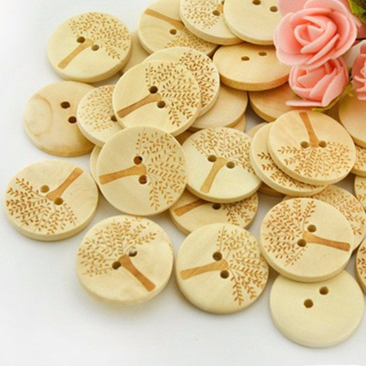 

100Pcs Wooden Tree Sewing Buttons, White