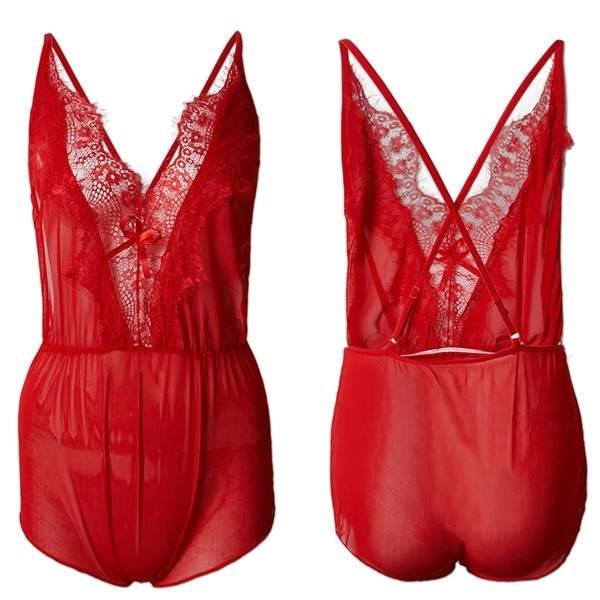 

Women Sexy Transparent Cross Straps Teddies Deep V Backless Temptation Nightwear, Black red