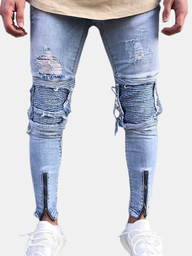 

Holes Fold Zipper Ripped Jeans, Light blue