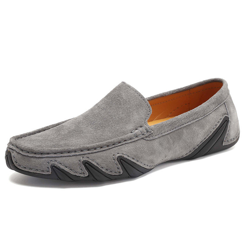 

Men PigSkin Leather Breathable Non-slip Doug Shoes Flat Slip On Loafers, Black grey khaki