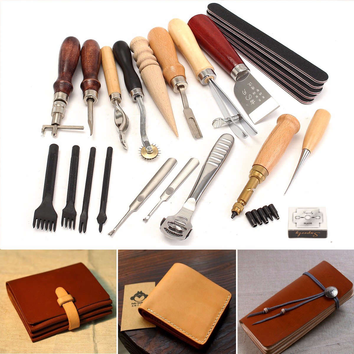 

20 Pcs/Set Leather Craft Punch Tool Kit Stitching Carving Working Sewing Saddle Groover