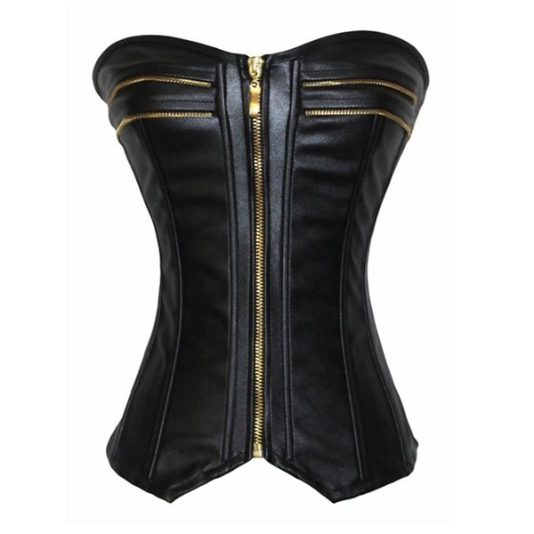 

Women Sexy Zipper Front Corset Overbust Synthetic Leather Body Shaper Bustiers, Black