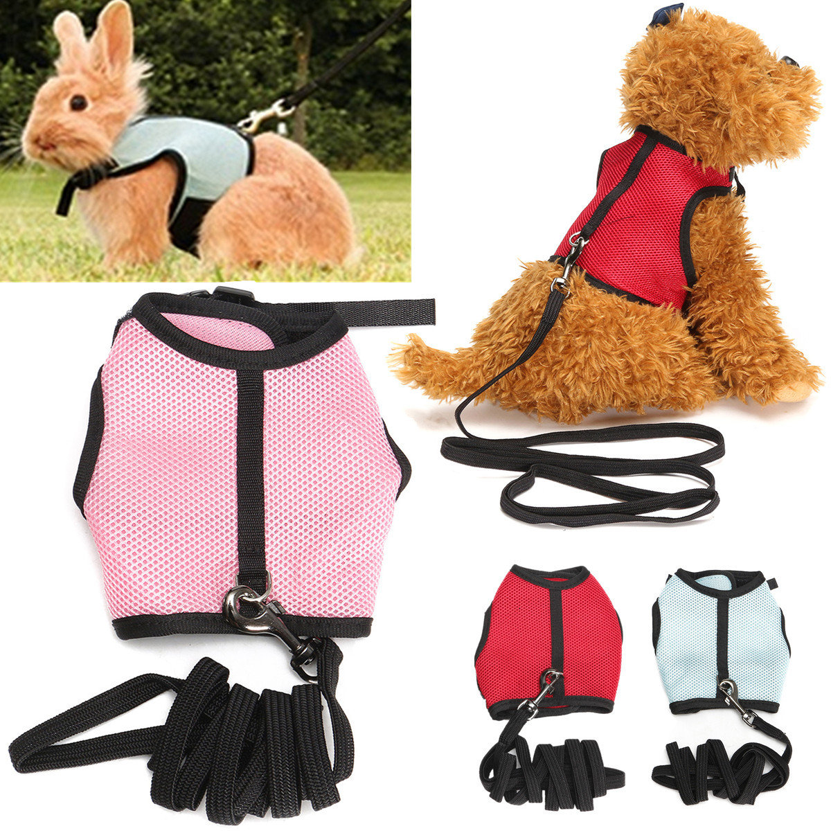 

Adjustable Small Pet Dog Cat Rabbit Hamster Nylon Vest Harness, Pink red blue