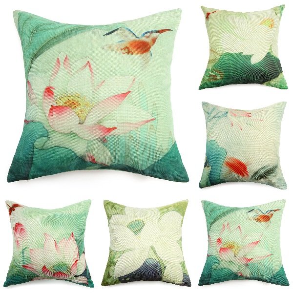 

Lotus Flower Linen Cushion Cover Traditional Chinese, White