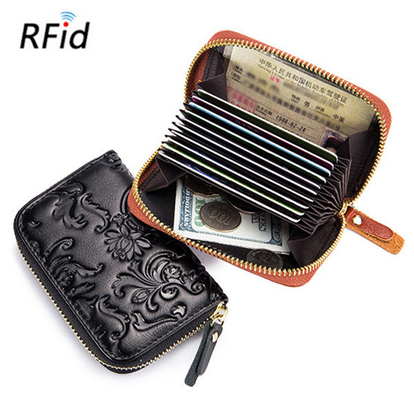 

RFID Women Genuine Leather 10 Card Slot Holder Wallet, Red blue black yellow coffee