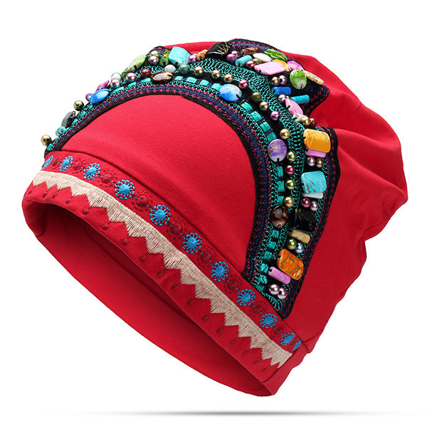 

Embroidery Ethnic Cotton Beanie Hat, Black blue