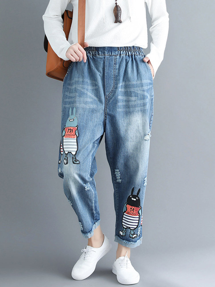 

Ripped Cartoon Embroidered Jeans, Blue