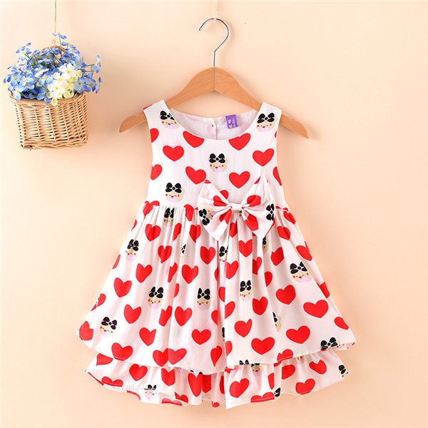 

Lemon Heart Pattern Bowknot Sleeveless Dress For Kids Girl, Red yellow pink navy blue