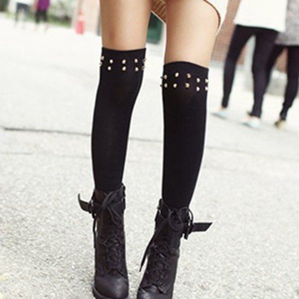 

Ladies Stockings Over The Knee Solid Thigh High Cotton Cool Rivet Stockings, Black gray