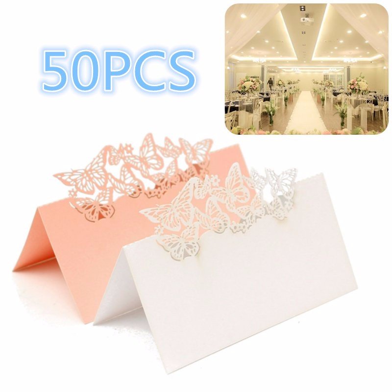 

50Pcs Laser Cut Butterfly Hollow Out Paper Table Place Name Seat Card Wedding Party Accessories, Pink white