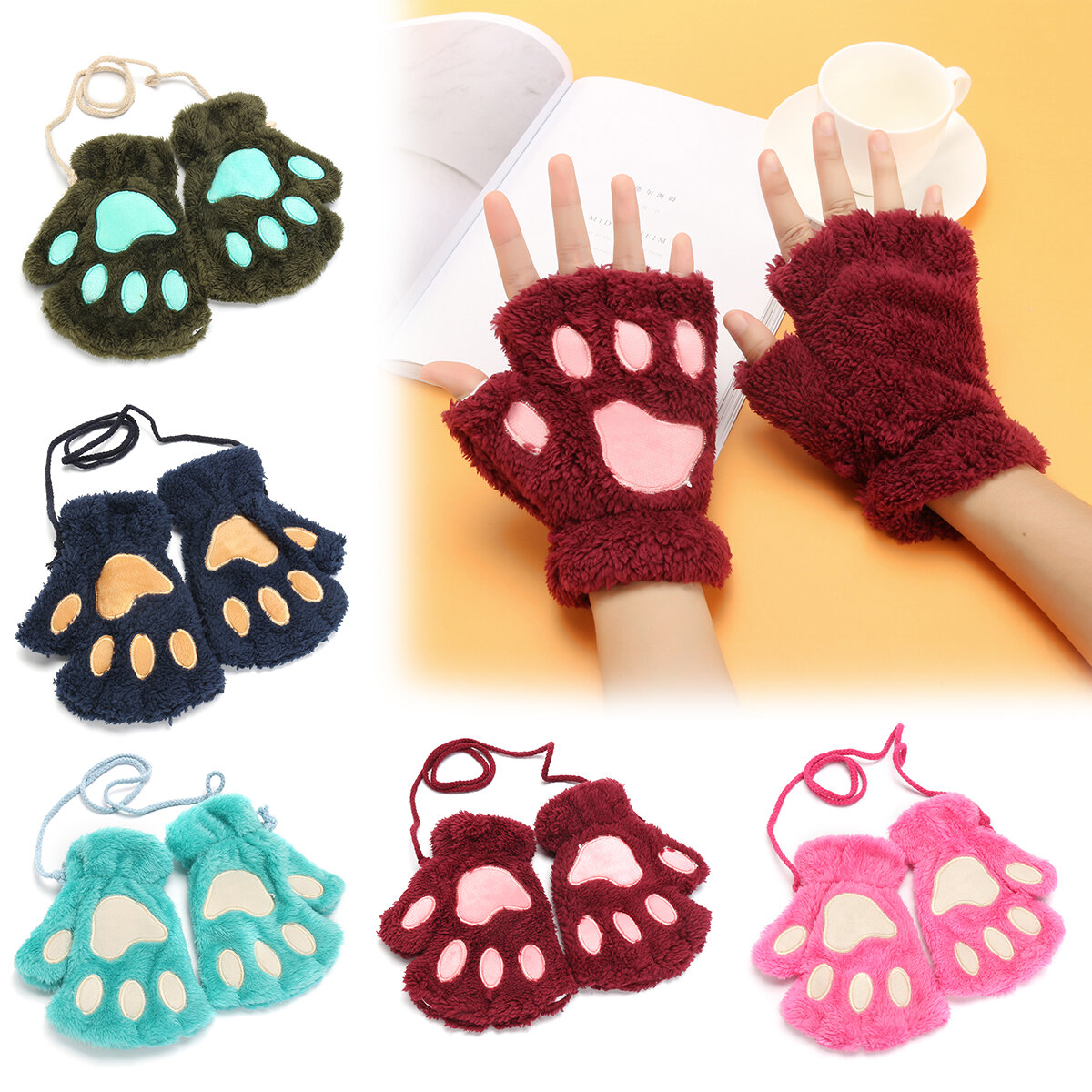 

Women Bear Cat Claw Mitten Plush Gloves, Rose wine red blue army green