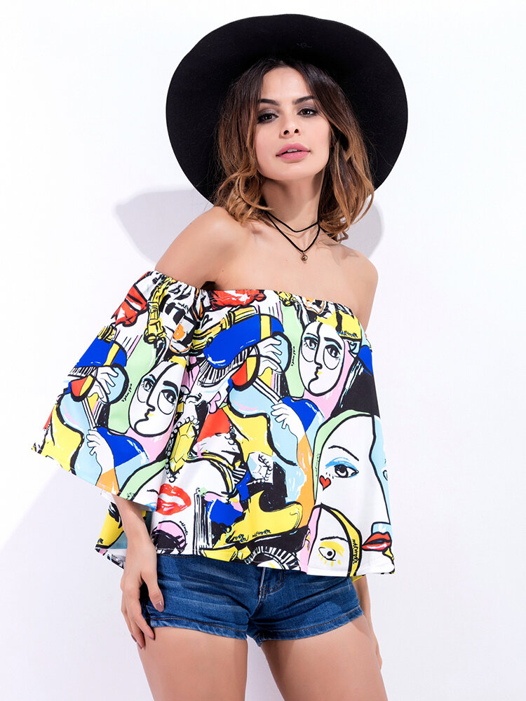 

Sexy Graffiti Printing Off-shoulder Horn Sleeve Women Blouse, Printed