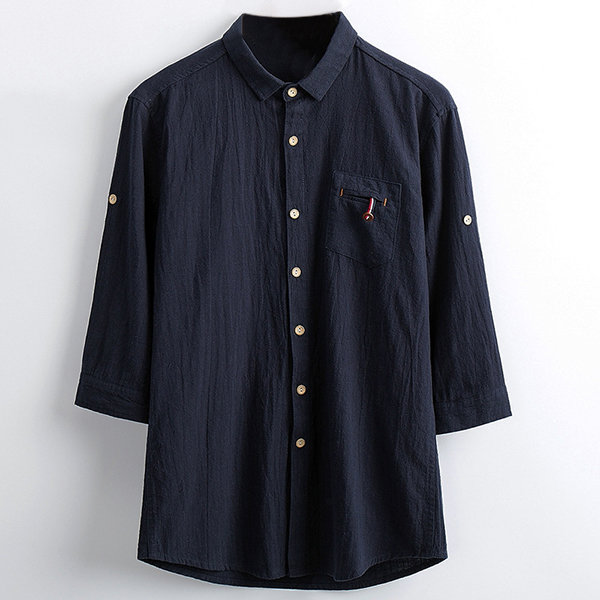 Vintage Chinese Style Casual Chest Pocket Cotton Linen Half Sleeve Dress Shirts for Men