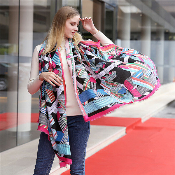 

Women Oversize Stain Print Scarf Casual Warm Shawl, Blue gray red pink