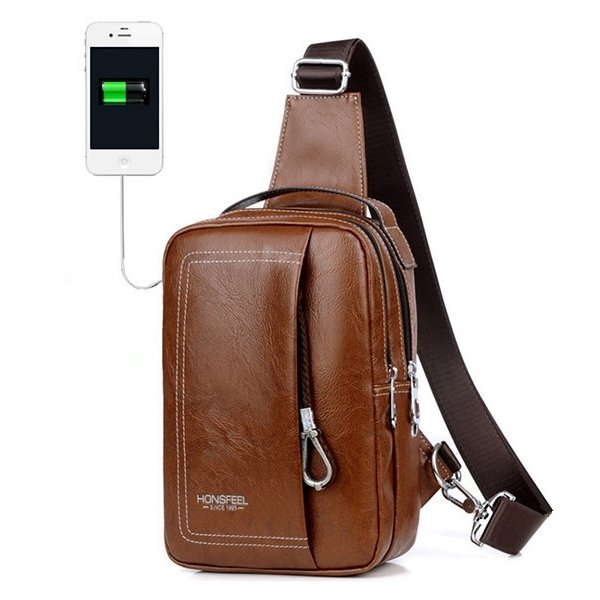 

Double Zipper USB Charging Port Sling Bag Chest Bag For Men, Light brown blue
