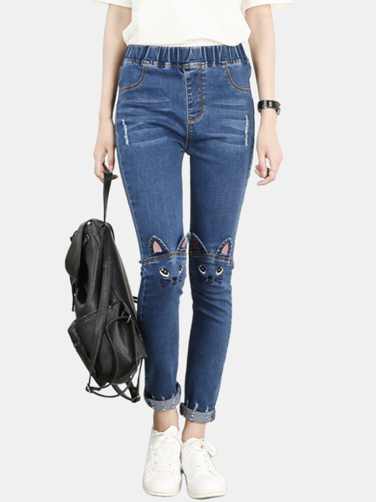 

Embroidered Cat Ears Jeans, Blue