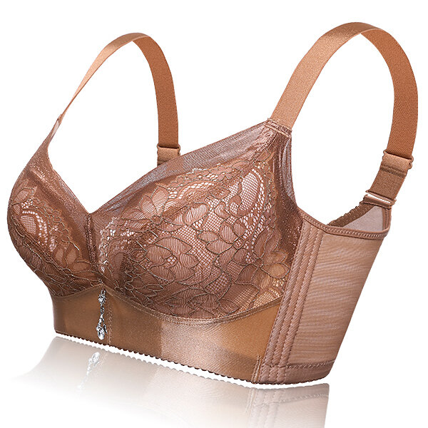 

Sexy Embroidery Breathable Thermal Lining Adjustable Gather Deep Plunge Bra, Rose coffee nude