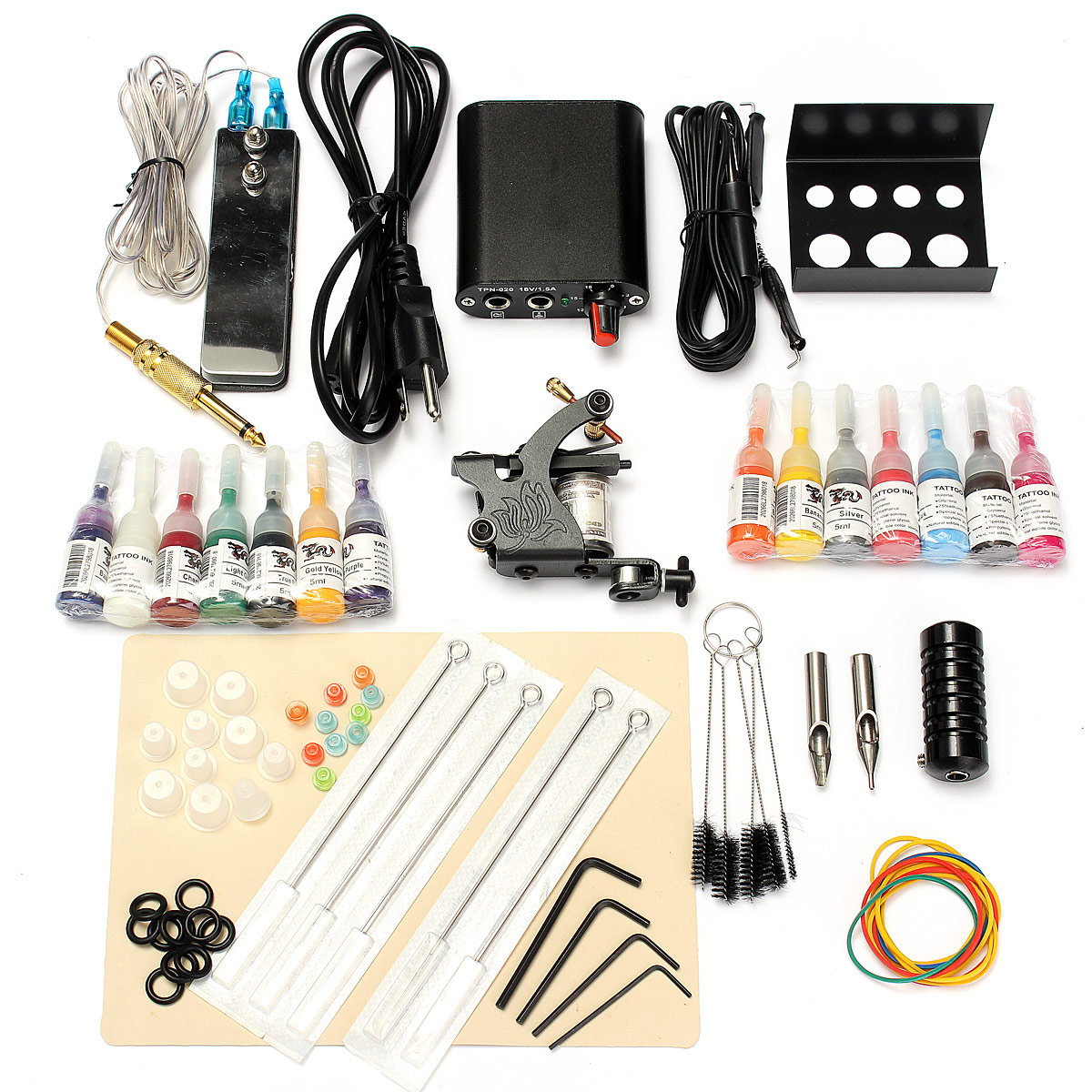 

90-264V Professional Complete Equipment Tattoo Machine 14 Colors Inks Power Supply Cord Kit