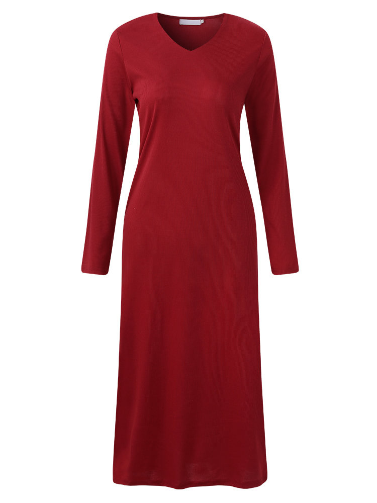 

Causal Solid V-Long Sleeve Knitted Long Dress, Wine red green navy blue light gray dark gray
