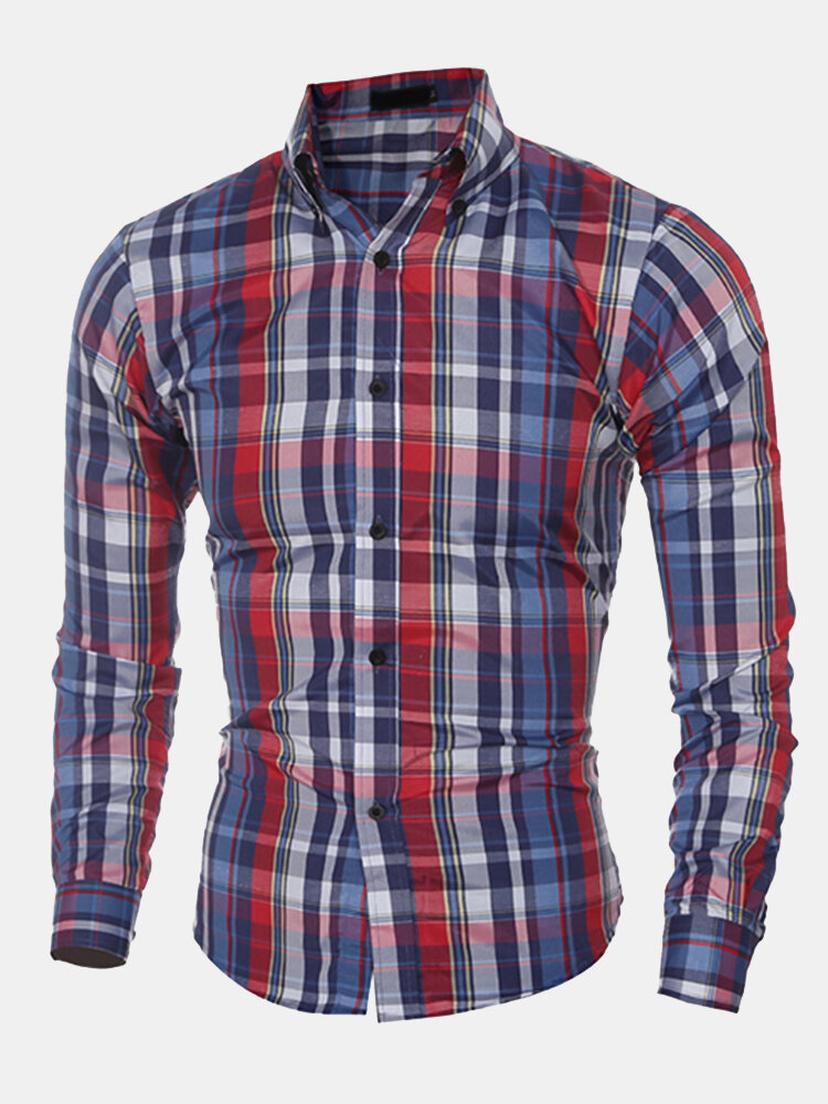 

Fashion Slim Plaids Printing Casual Checked Shirts for Men, Black/red/green black/red/blue