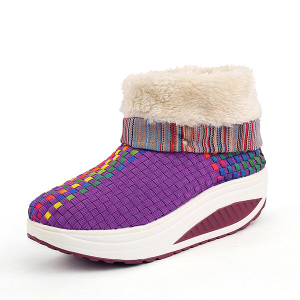 

Knitting Color Match Fur Lining Folded Platform Rocker Sole Ankle Boots, Purple pink orange