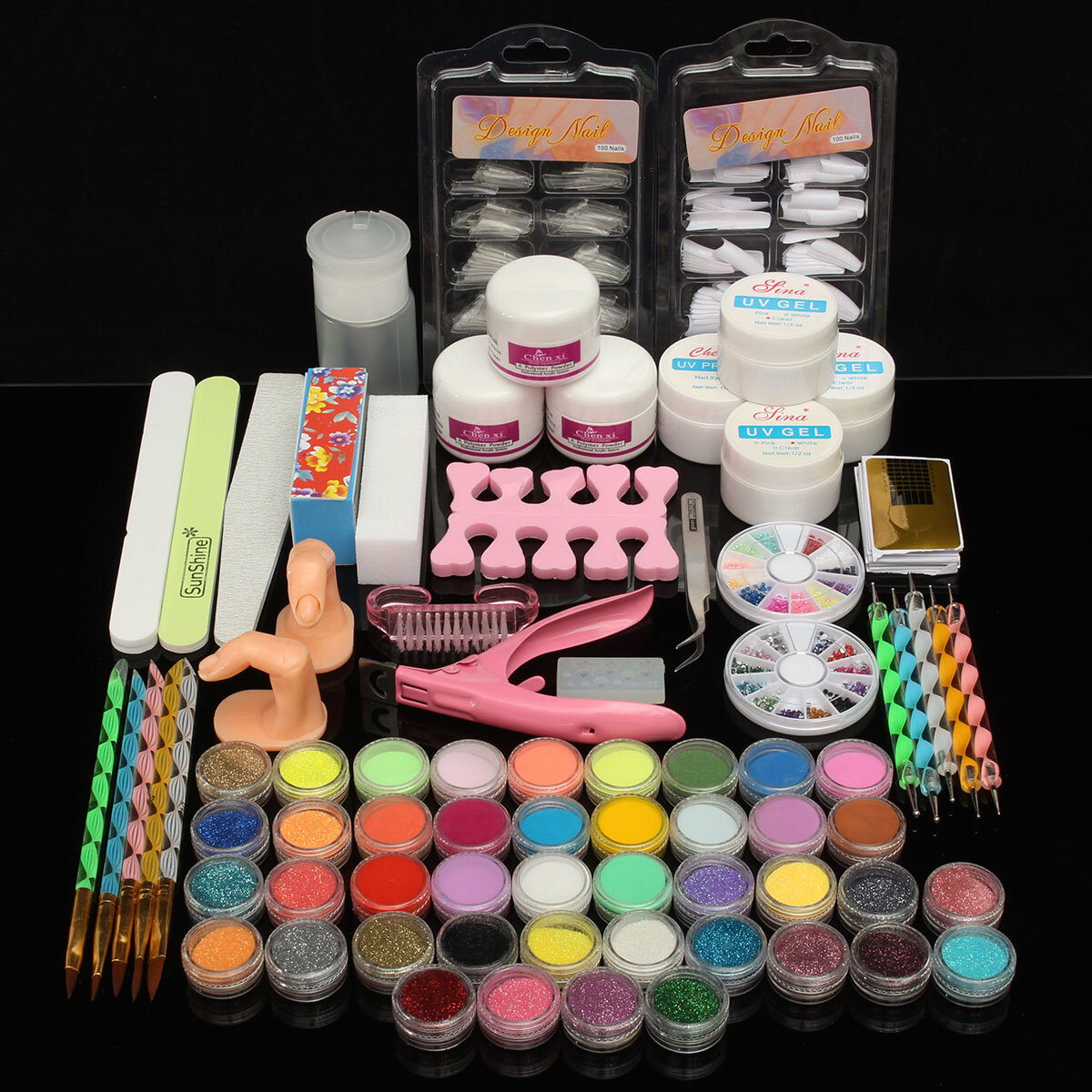 Professional Acrylic Powder Glitter UV Gel Primer Nail Art Tips Brush Block File Manicure Kits