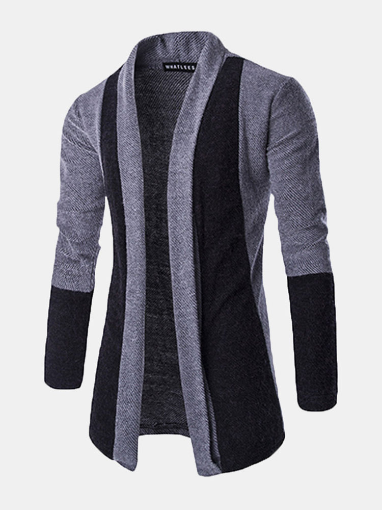 

Warm Fleece Knitted Splicing Color Casual Cardigans for Men, Dark gray light gray wine red