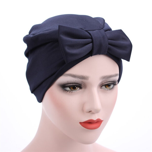

Women Satin Solid Color Big Bowknot Muslim Beanie Hat Four Seasons Suitable Casual Turban Cap, Black white red navy pink grey