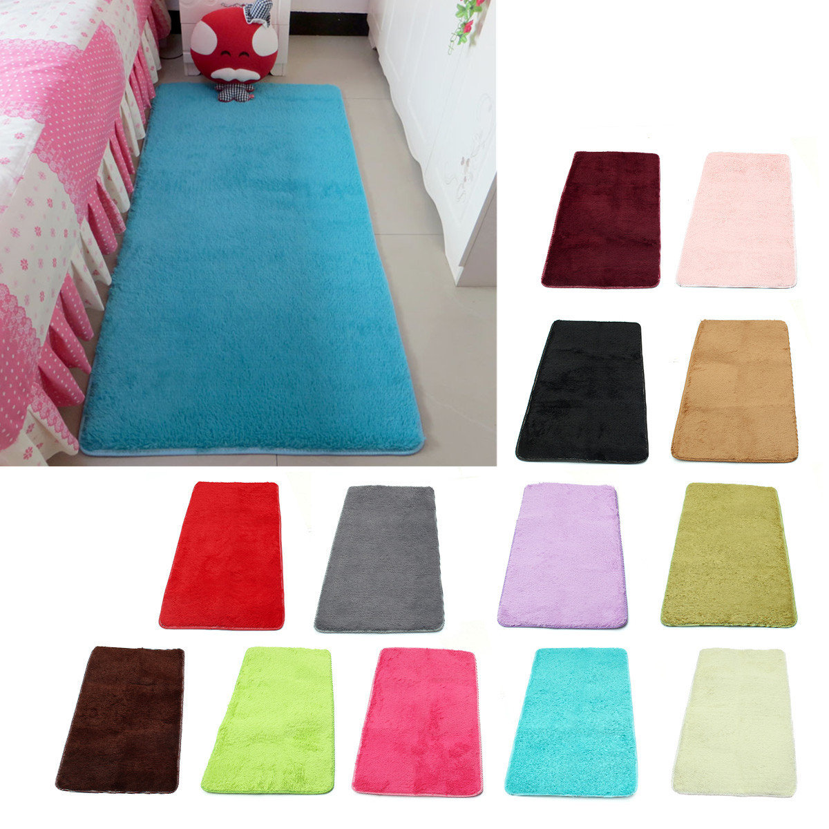 

60x120cm Shaggy Fluffy Rugs Anti-Skid Area Rug Dining Room Carpet Home Bedroom Floor Mat, Green fruit blue pink gray coffee red / rose rice white khaki purple green red wine red black