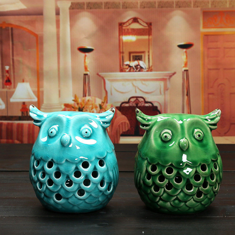 

Creative Ceramic Owl Night Light Handicrafts Living Room Ornaments Home Office Decor, Blue green