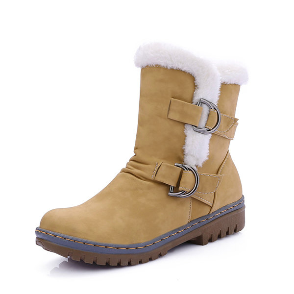 

Fur Lining Buckle Mid Calf WarmBoots, Yellow brown white army green