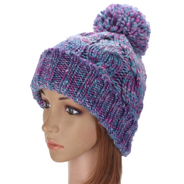 

Lovely Winter Warm Women Knit Crochet Beanie Hat Ball Wool Cuff Ski Cap, Green orange khaki purple blue