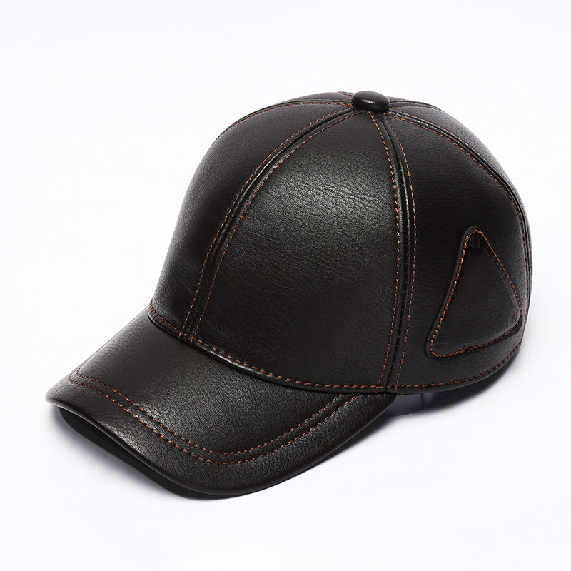 

Men's PU Leather With Triangle Logo Baseball Cap Casual Sunscreen Warm Snapback Trucker Hat, Coffee black
