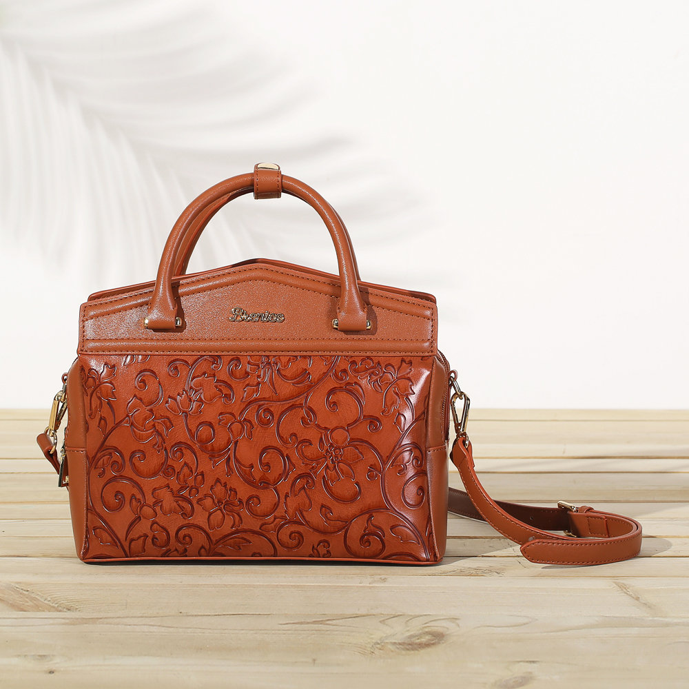 

Brenice Embossed Flower Handbags Vintage Chinese Shoulder Ba, Red brown