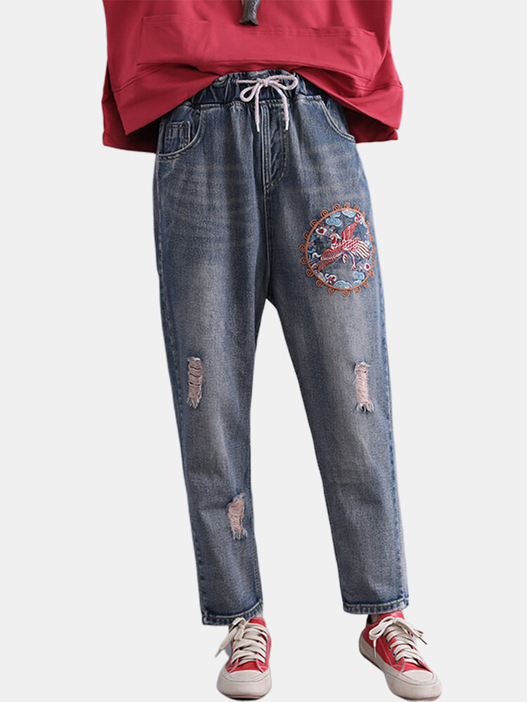 

Drawstring Ripped Embroidered Denim, Blue
