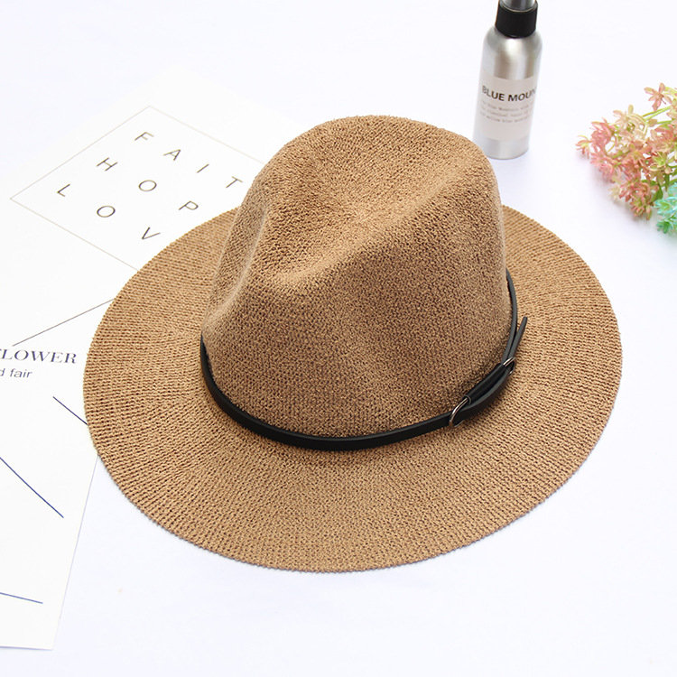 

Women British Style Summer Knit Fedora Jazz Caps Wide Brim Panama Beach Visor Hat, White khaki black dark pink