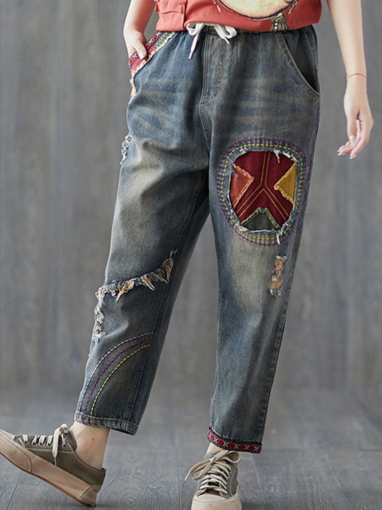 

Patchwork Loose Denim Pants, As picture shows