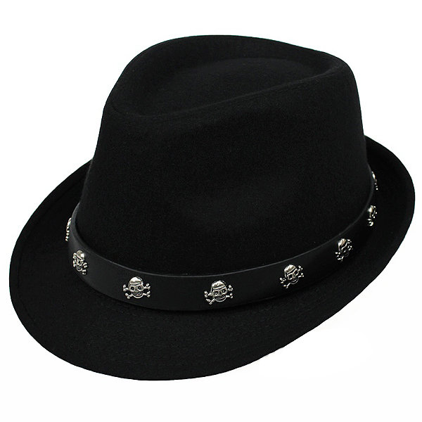 

Retro British Mens Hat Skull Crossbones Woolen Fedoras Jazz Cap, Black grey
