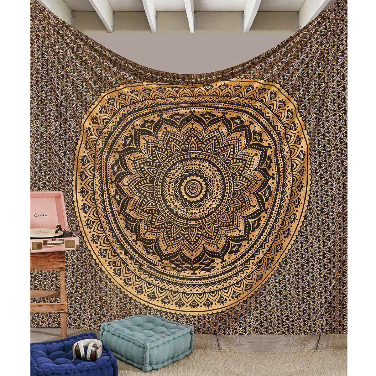 

145*145cm Indian Ombre Mandala Gold Tapestry Wall Hanging Blanket Art Throw Bedding Bedspread