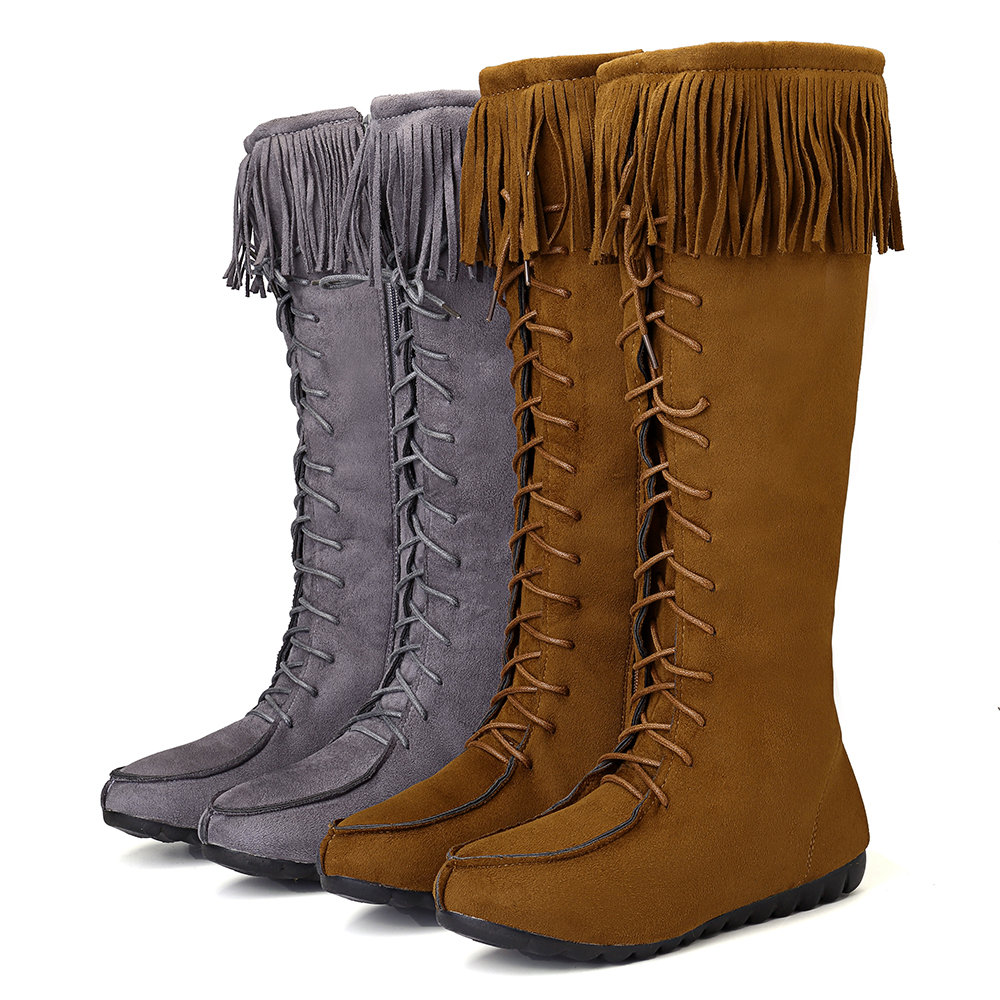 

Tassel Lace Up Long Boots, Black grey brown