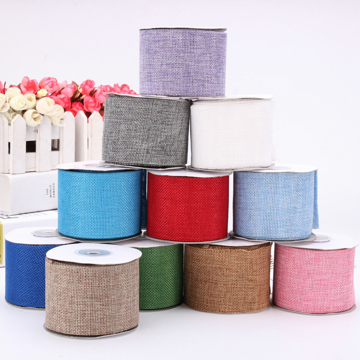 

6CM 10M Faux Burlap Hessian Jute Bow Tape Arts Craft Gift Wrap Rustic Wired Ribbon Wedding Supply, White black gray yellow red