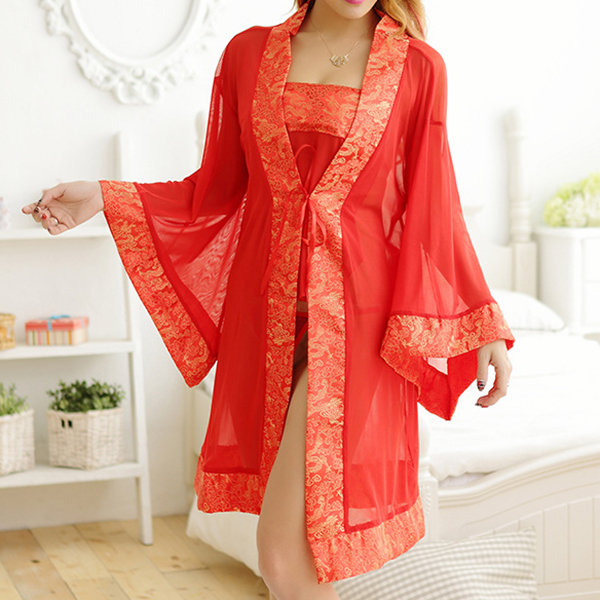 

Sexy Perspective Mesh Printed Bellyband Kimono Bathrobe Suit Nightwear, Red golden