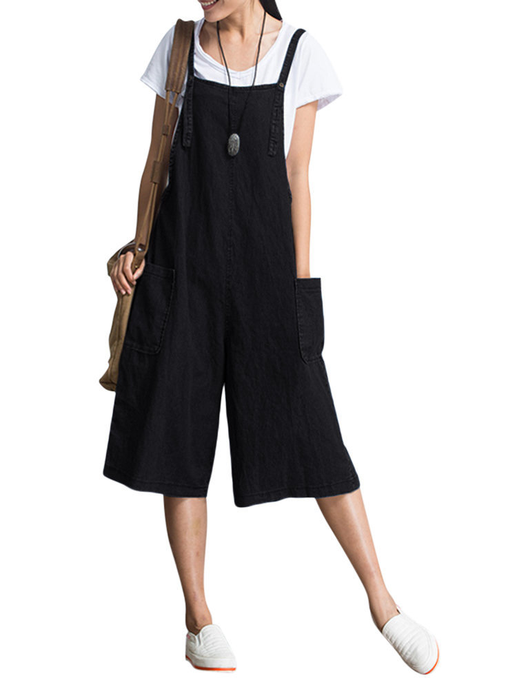 O-Newe Loose Pure Color Strap Pocket Jumpsuit Trousers Overalls For Women 