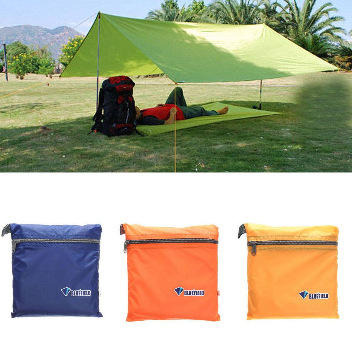

250x150CM Portable Camping Tent Sunshade Outdoor Waterproof Shelter Canopy Tentage, Green yellow orange orange red dark blue light blue