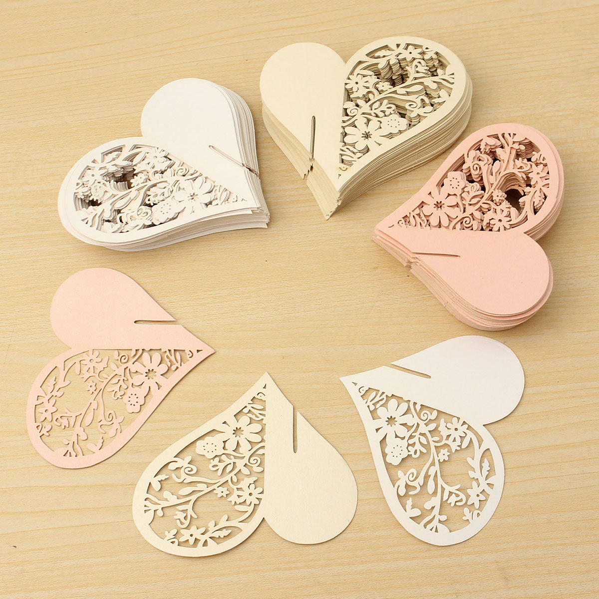 

50Pcs Heart Wedding Name Place Cards Wine Glass Laser Cut Pearlescent Card Party Accessories, Pink white