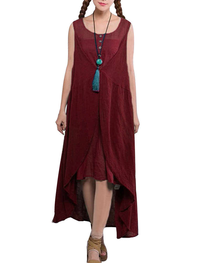 

Mori Girl Style Pure Color Sleeveless Fake Two-piece Maxi Dress For Women, Navy black wine red