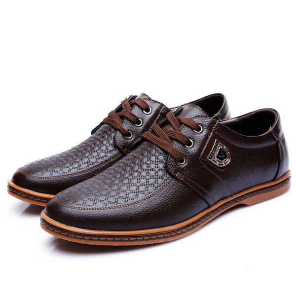 

Big Size Men Leather Plaid Wearproof Lace Up Flat Business Formal Shoes, Black brown